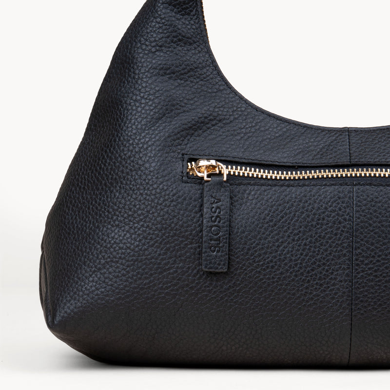 'LARA' Black Pebble Grain Real Leather Slouchy Shoulder Bag