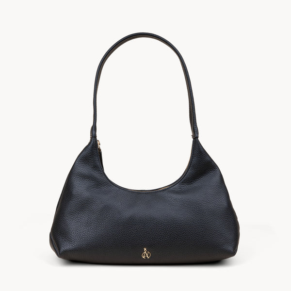 'LARA' Black Pebble Grain Real Leather Slouchy Shoulder Bag