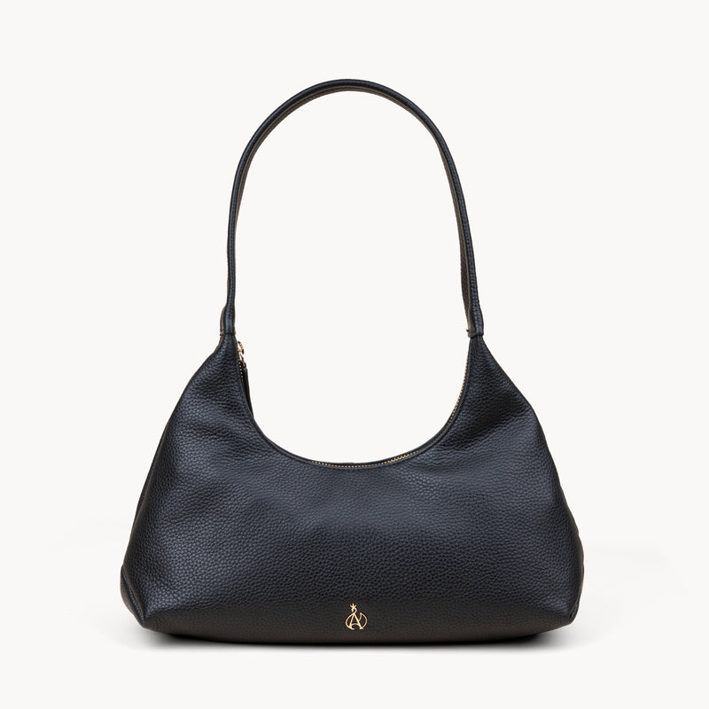 'LARA' Black Pebble Grain Real Leather Slouchy Shoulder Bag