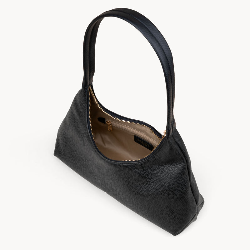 'LARA' Black Pebble Grain Real Leather Slouchy Shoulder Bag