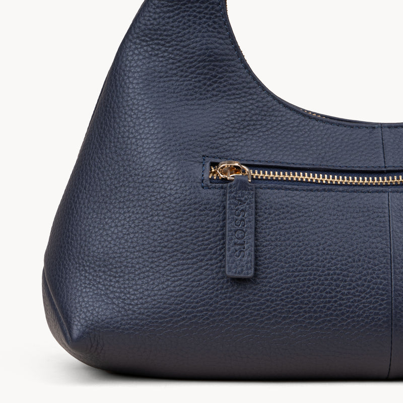 'LARA' Navy Pebble Grain Real Leather Slouchy Shoulder Bag