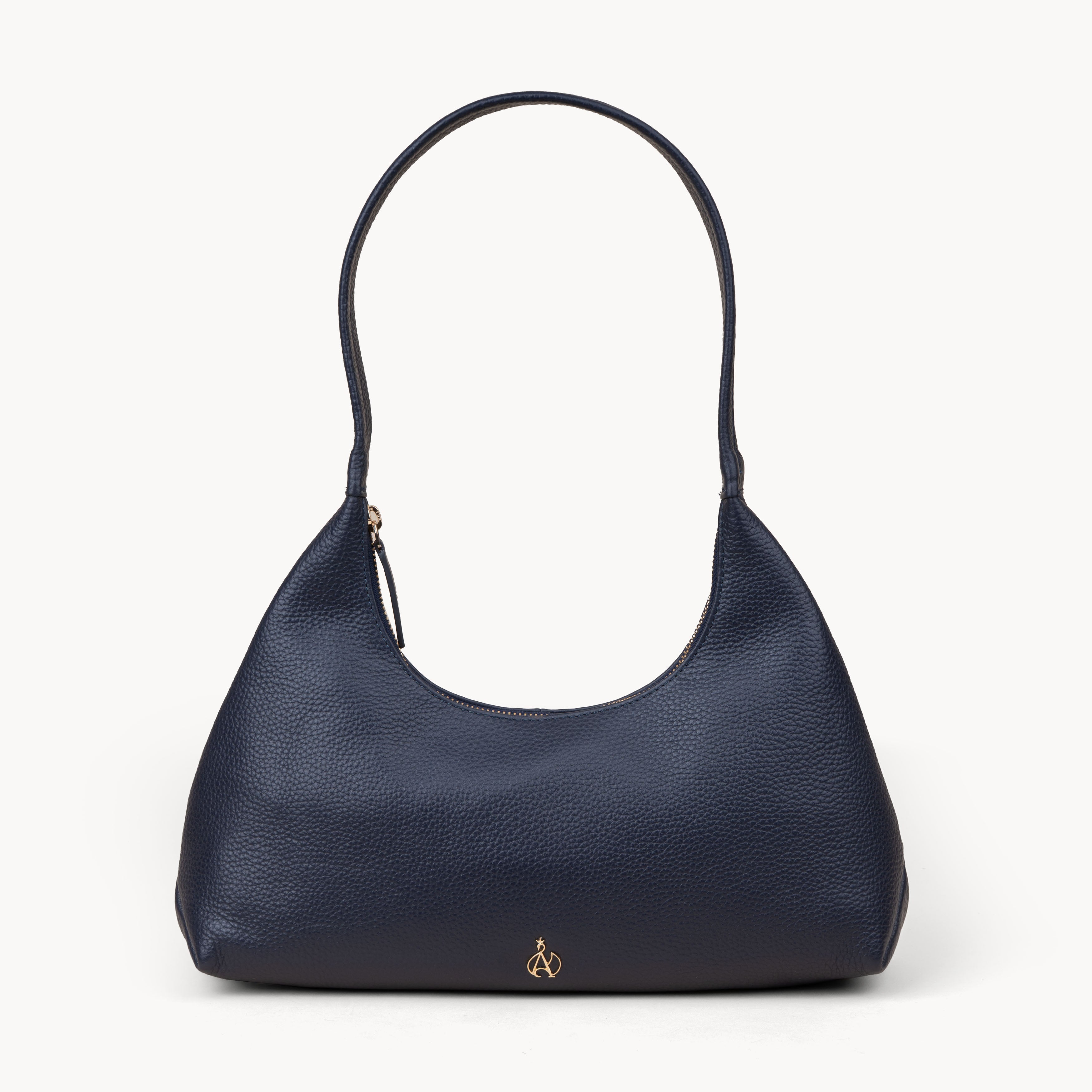 'LARA' Navy Pebble Grain Real Leather Shoulder Bag