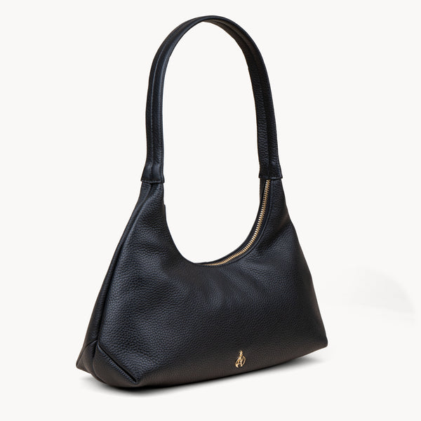'LARA' Black Pebble Grain Real Leather Slouchy Shoulder Bag