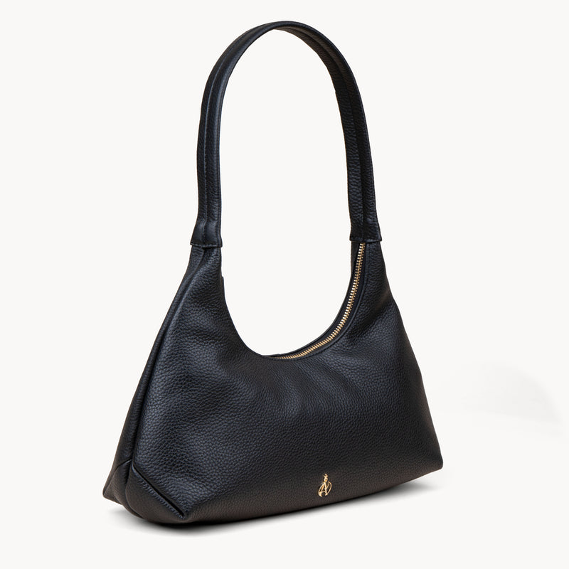 'LARA' Black Pebble Grain Real Leather Slouchy Shoulder Bag