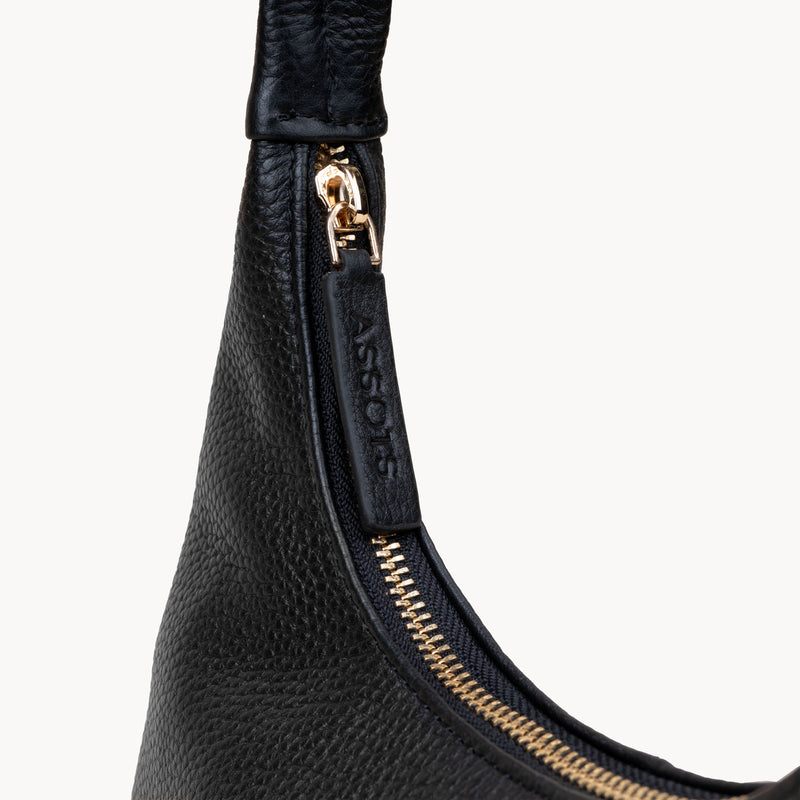 'LARA' Black Pebble Grain Real Leather Slouchy Shoulder Bag
