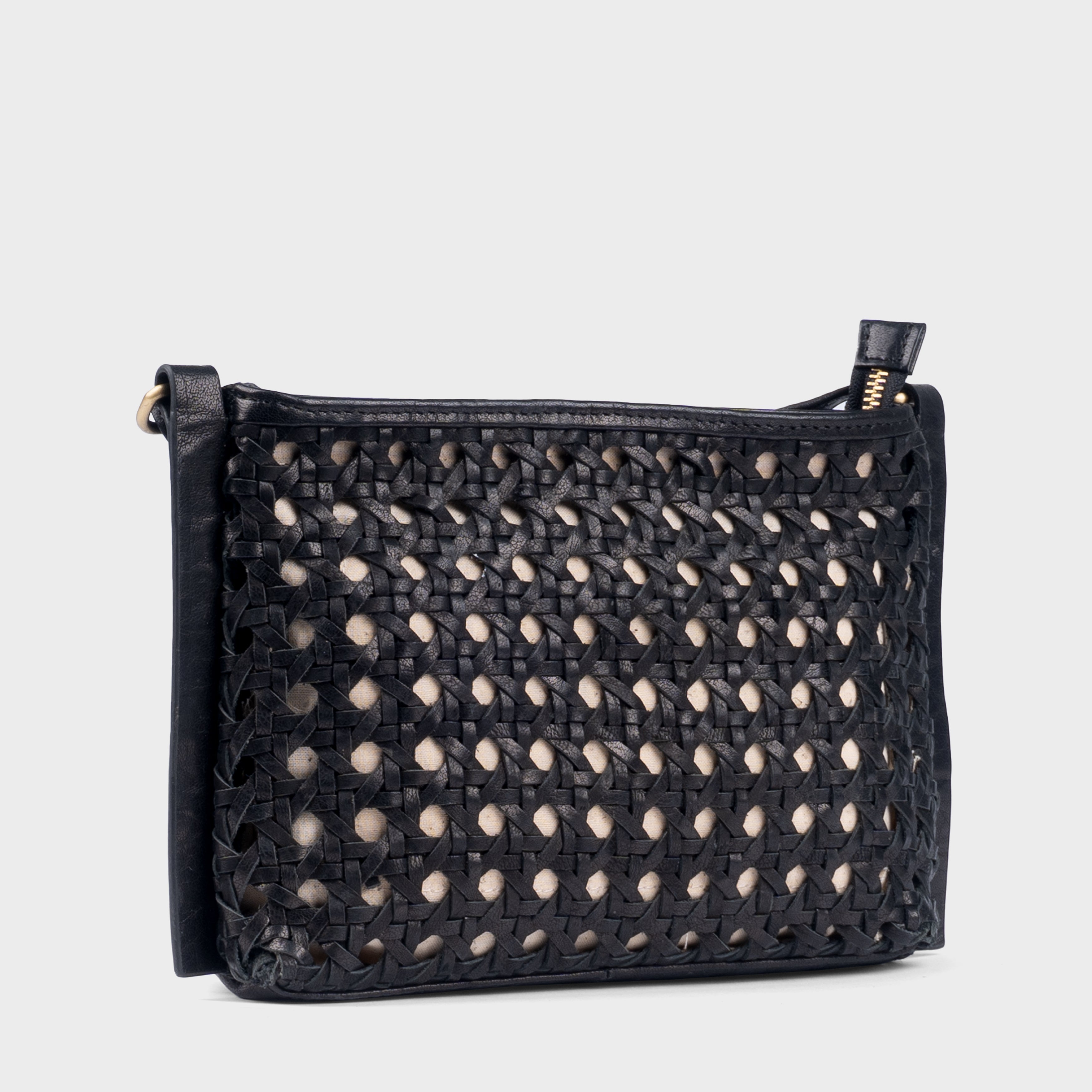'LEATHER LOOM' Black Real Leather Woven Crossbody Bag