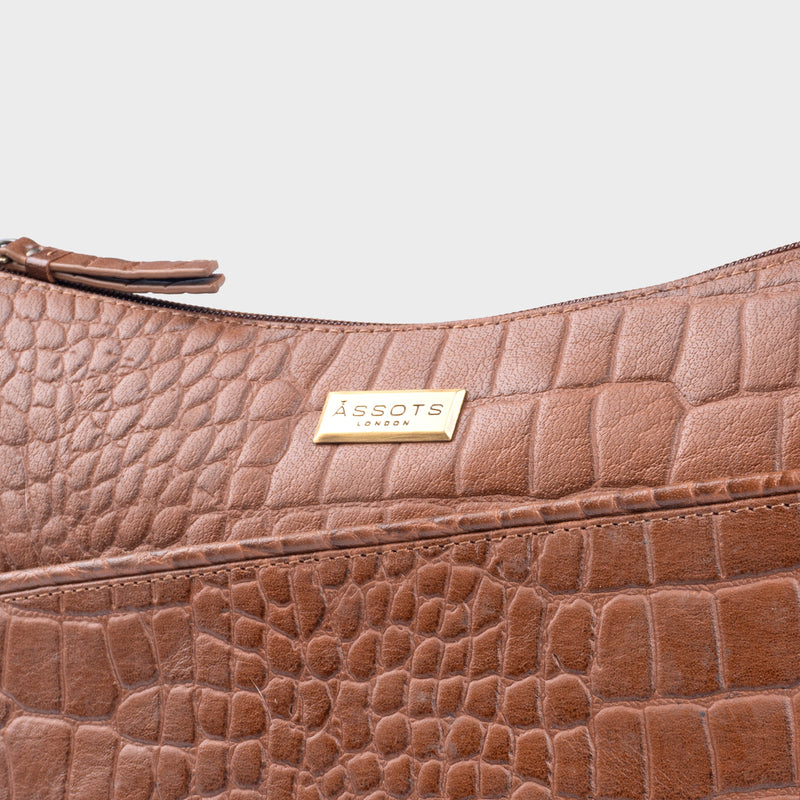 'CAROL' Tan Croc Real Leather Designer Crossbody Shoulder Bag