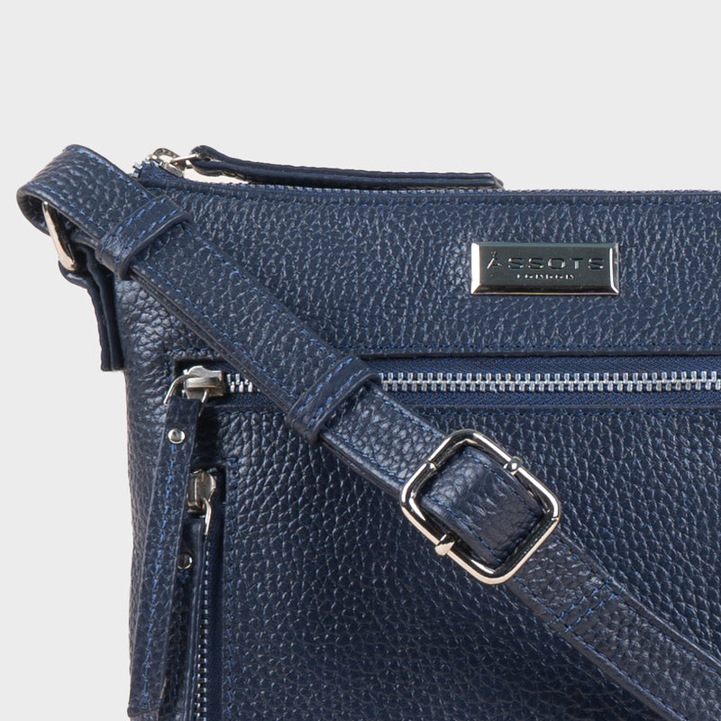 'RUE' Navy Pebble Grain Real Leather Crossbody Bag