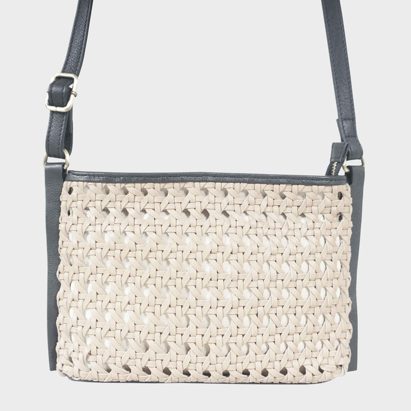 'LEATHER LOOM' Light Beige & Black Real Leather Woven Crossbody Bag