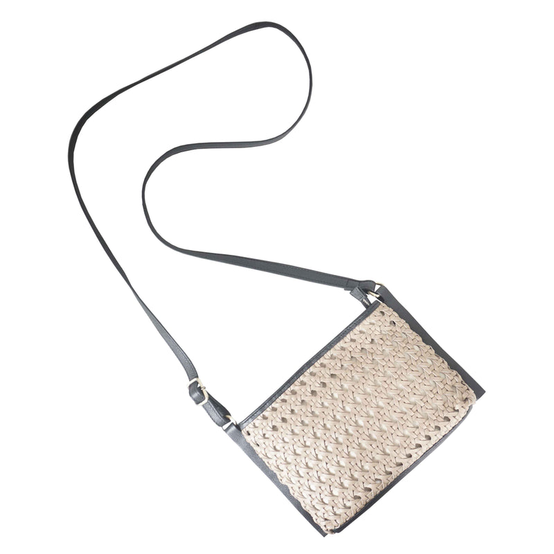 'LEATHER LOOM' Light Beige & Black Real Leather Woven Crossbody Bag