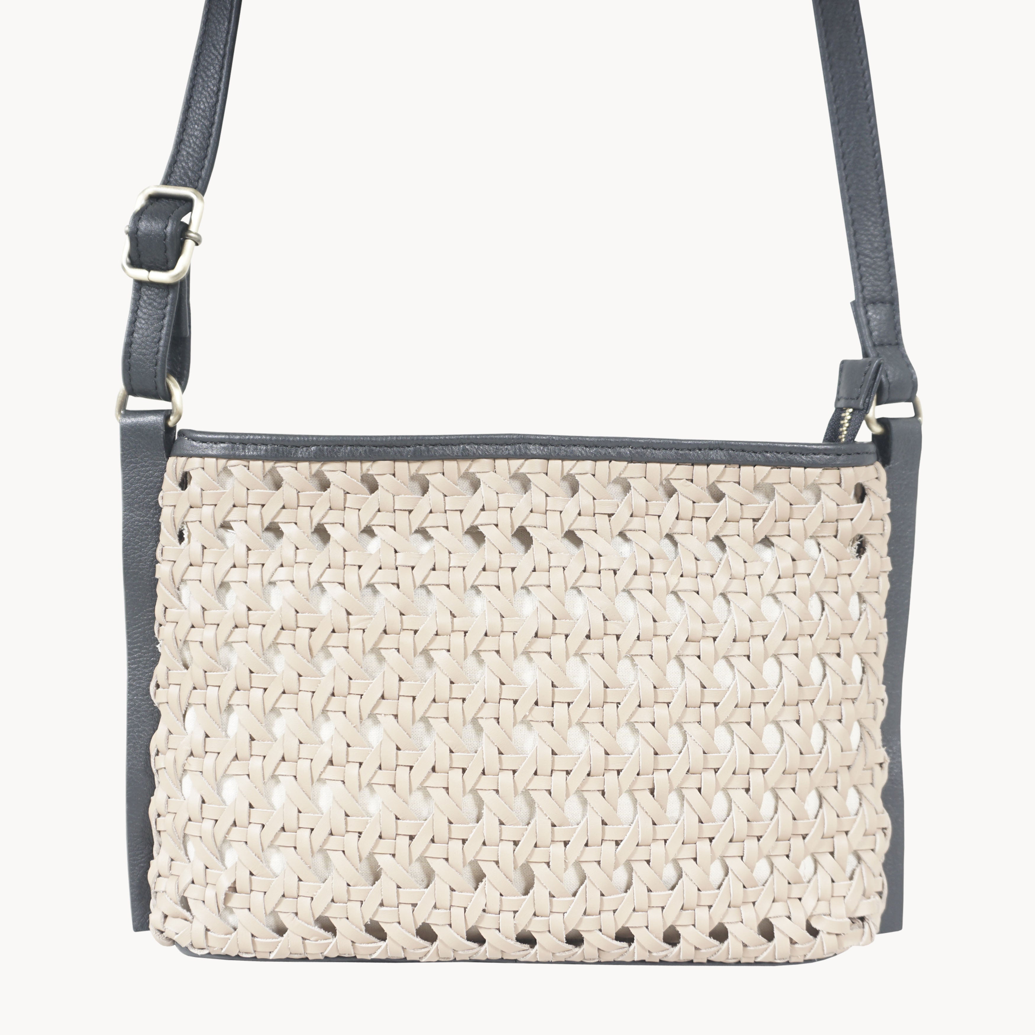'LEATHER LOOM' Light Beige & Black Real Leather Woven Crossbody Bag