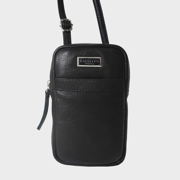 'LEO' Black Nappa Real Leather Crossbody Mobile Phone Bag
