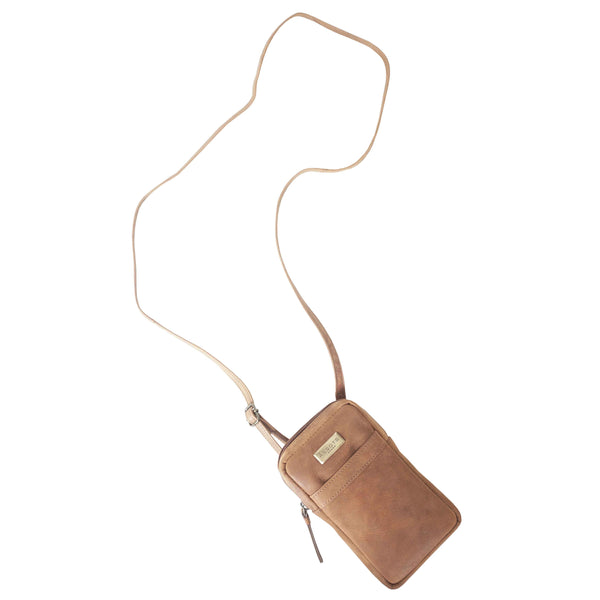 'LEO' Tan Distressed Real Leather Crossbody Mobile Phone Bag