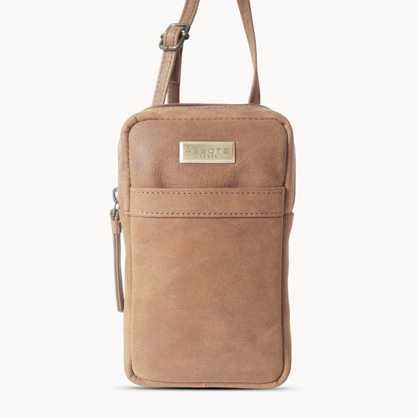 'LEO' Tan Distressed Real Leather Crossbody Mobile Phone Bag