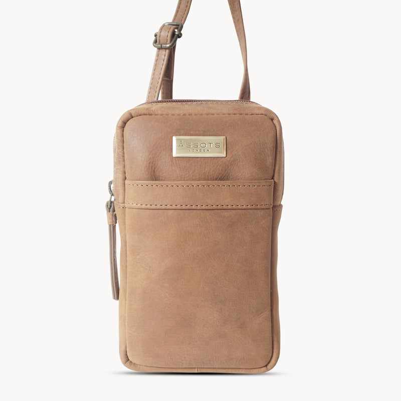 'LEO' Tan Distressed Real Leather Crossbody Mobile Phone Bag