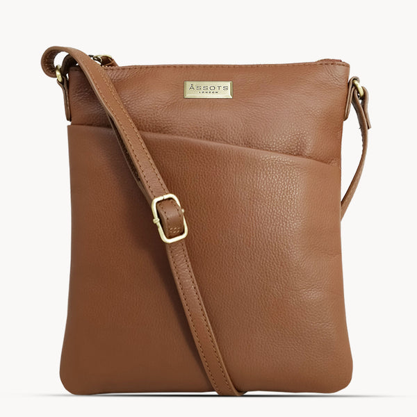 'LINBY' Dark Tan Pebble Grain Leather Crossbody Sling Bag