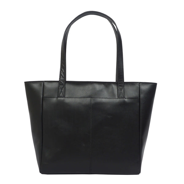'LINDA' Black Smooth Real Leather Unlined Tote Bag