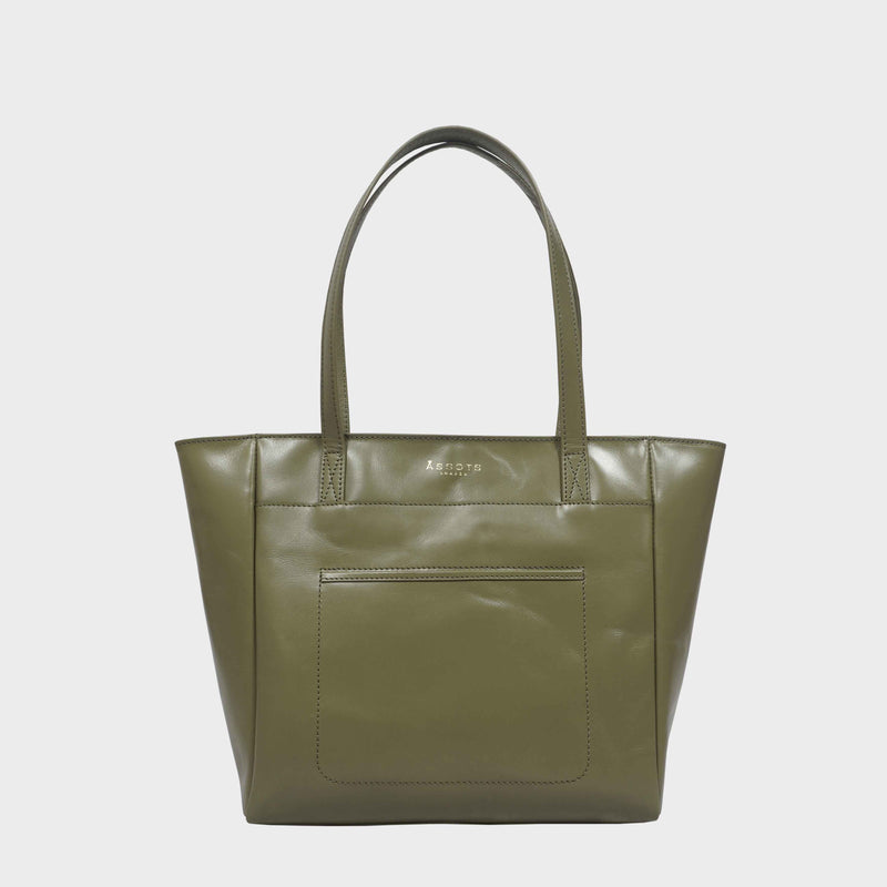 Olive Green Smooth Real Leather Unlined Large Tote Shopper Bag