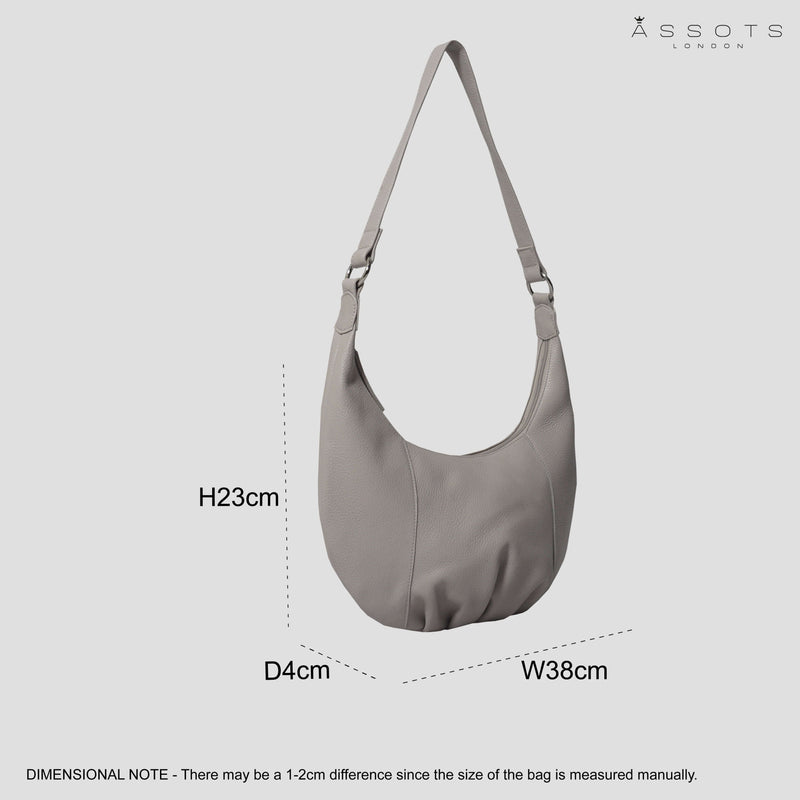 'LUNA' Ice Grey Pleated Real Leather Shoulder Hobo Bag