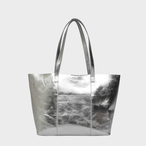 'MAISIE' Silver Metallic Real Leather Shopper Tote Bag