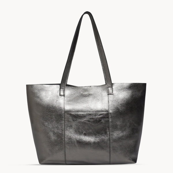 'MAISIE' Pewter Metallic Real Leather Shopper Tote Bag