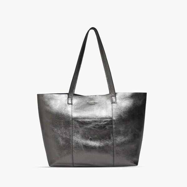 'MAISIE' Pewter Metallic Real Leather Shopper Tote Bag