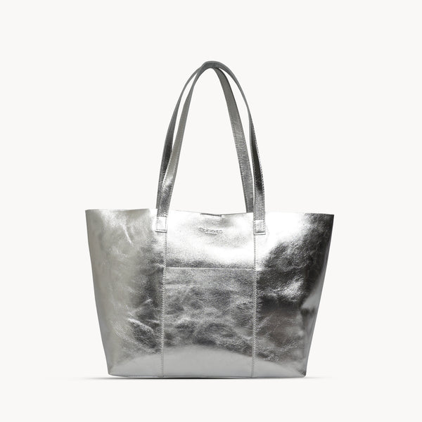 'MAISIE' Silver Metallic Real Leather Shopper Tote Bag