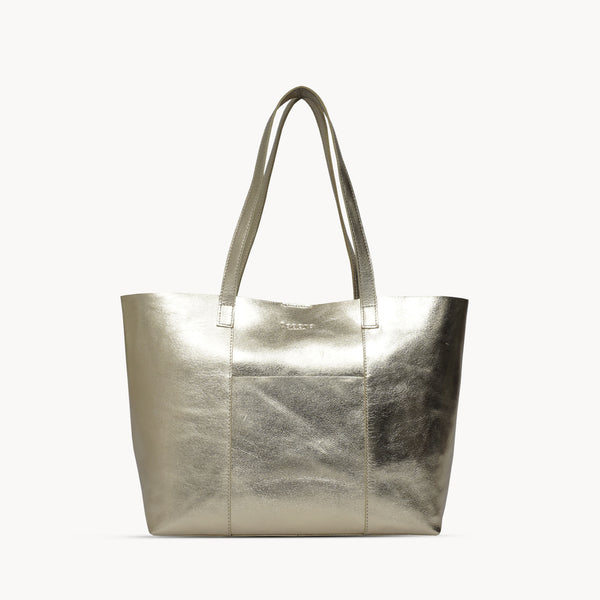 'MAISIE' Yellow Gold Metallic Real Leather Unlined Tote Bag