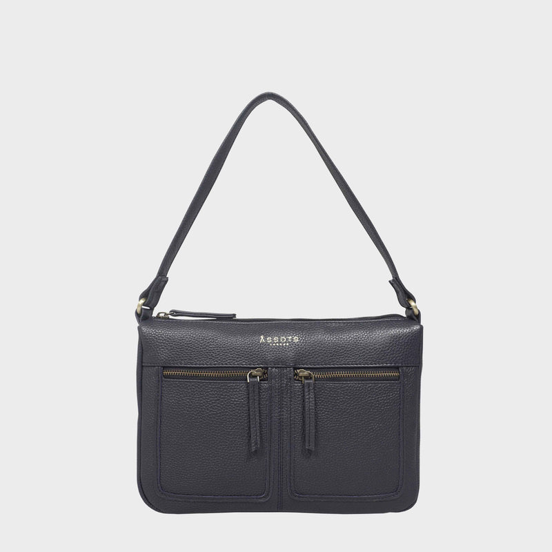 'MARDI' Blue Pebble Grain Soft Real Leather Shoulder Bag