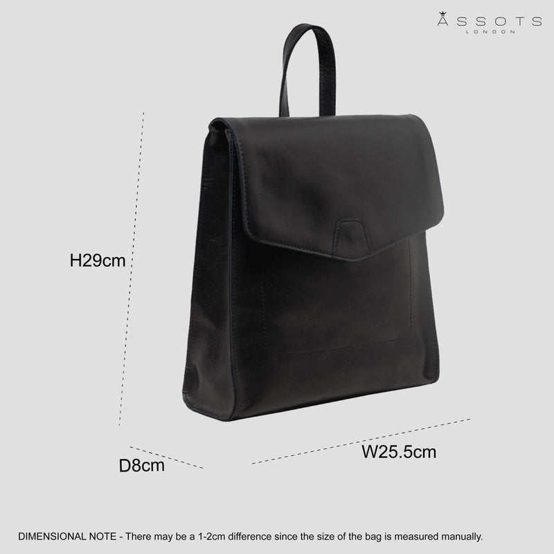 'MARGARET' Black Natural Grain Polished Leather Flap Over Backpack
