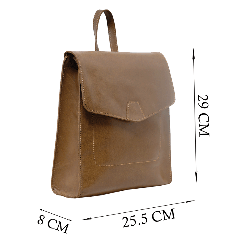 'MARGARET' Tan Natural Grain Polished Leather Flap Over Backpack