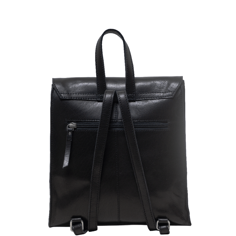 'MARGARET' Black Natural Grain Polished Leather Flap Over Backpack