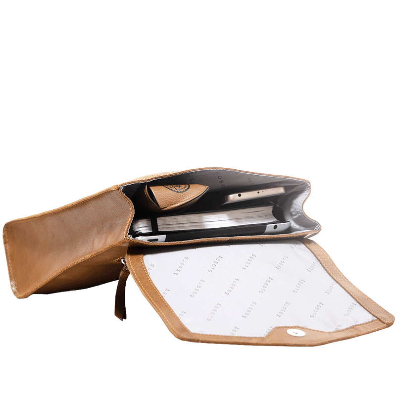 'MARGARET' Tan Natural Grain Polished Leather Flap Over Backpack