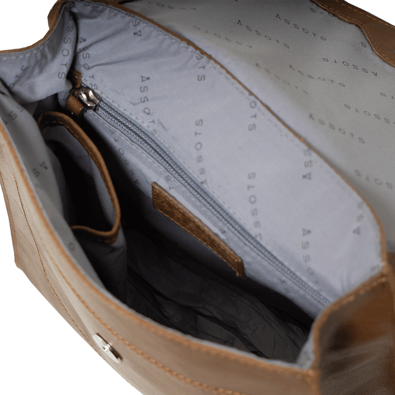 'MARGARET' Tan Natural Grain Polished Leather Flap Over Backpack