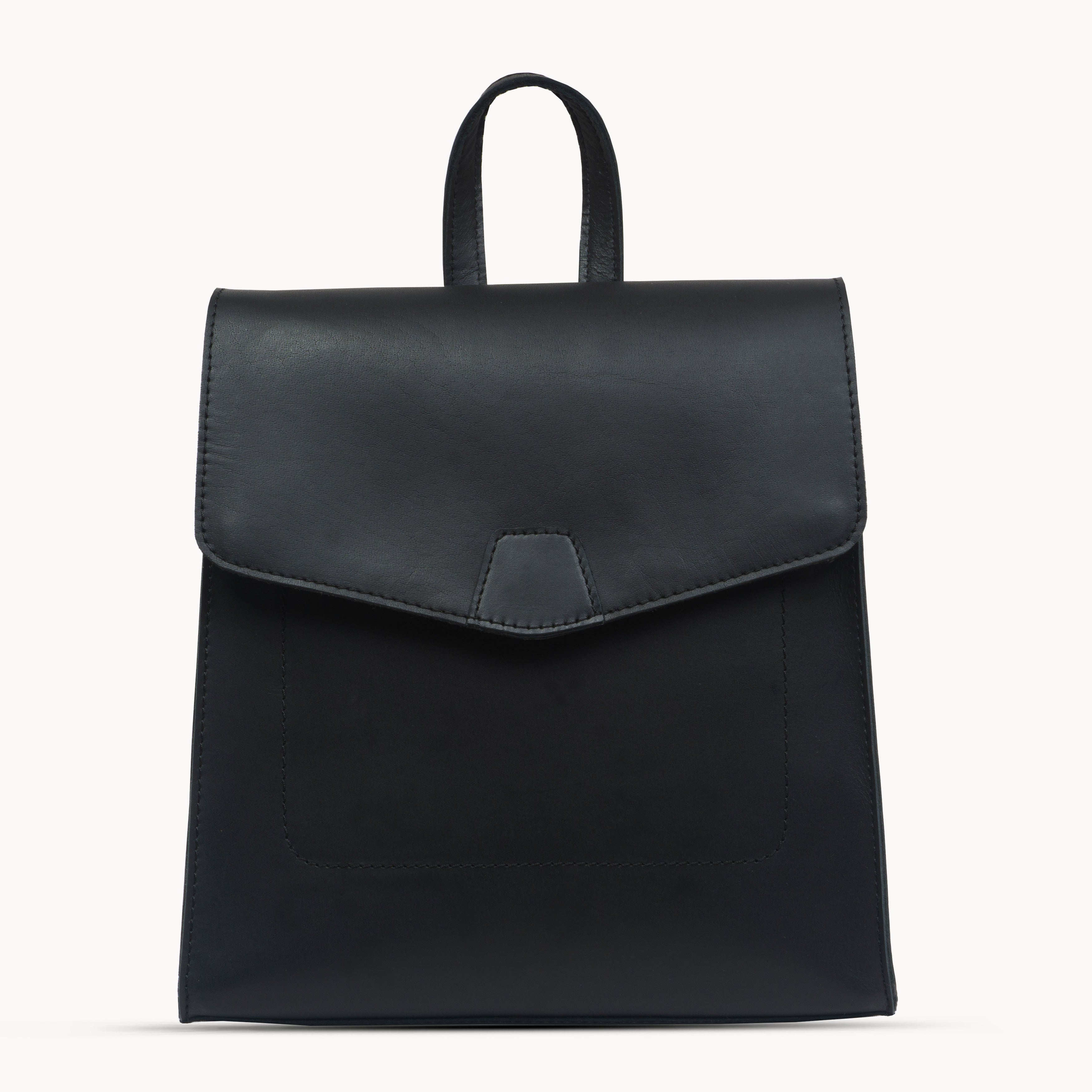 'MARGARET' Black Natural Grain Polished Leather Flap Over Backpack