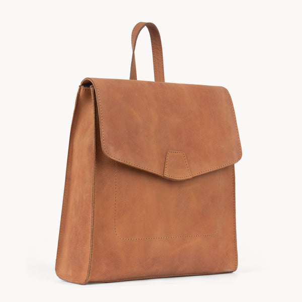 'MARGARET' Distressed Tan Vintage Leather Flap Over Backpack