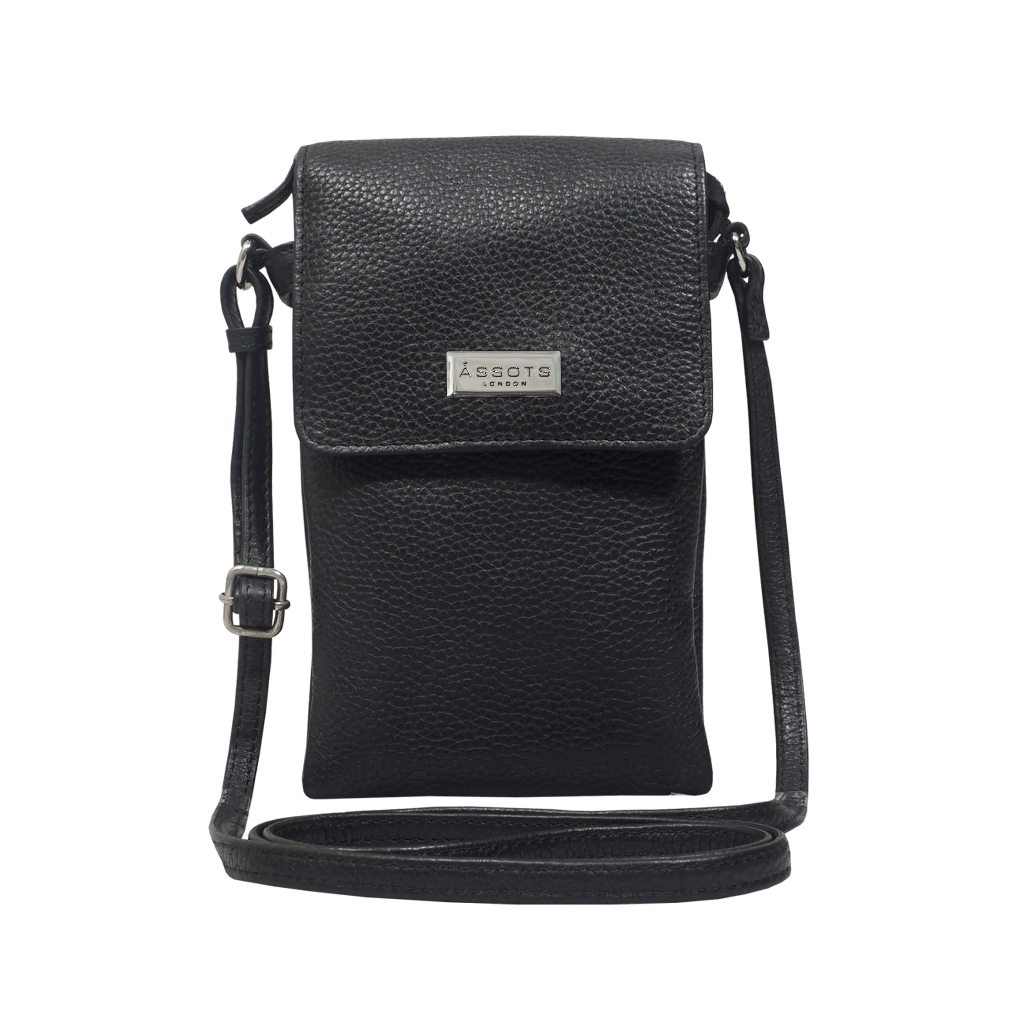 'MARIA' Black Pebble Grain Real Leather Crossbody Phone Bag