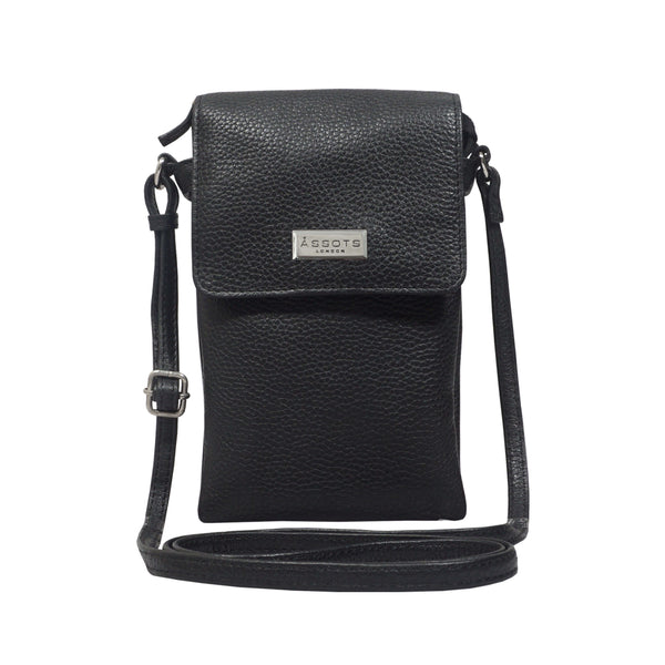'MARIA' Black Pebble Grain Real Leather Crossbody Phone Bag