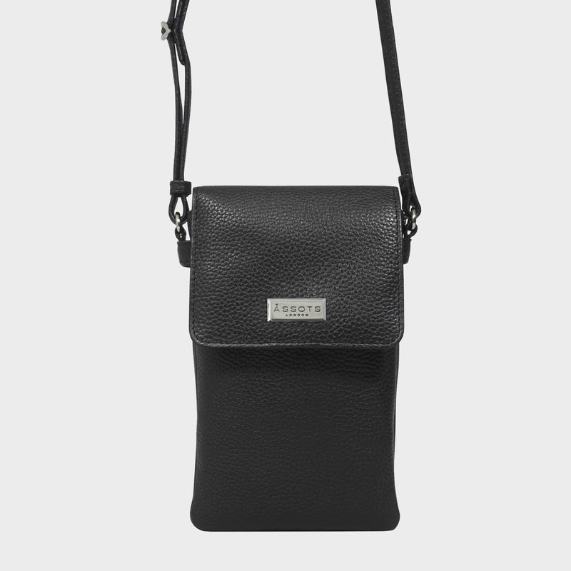 'MARIA' Black Pebble Grain Real Leather Crossbody Phone Bag