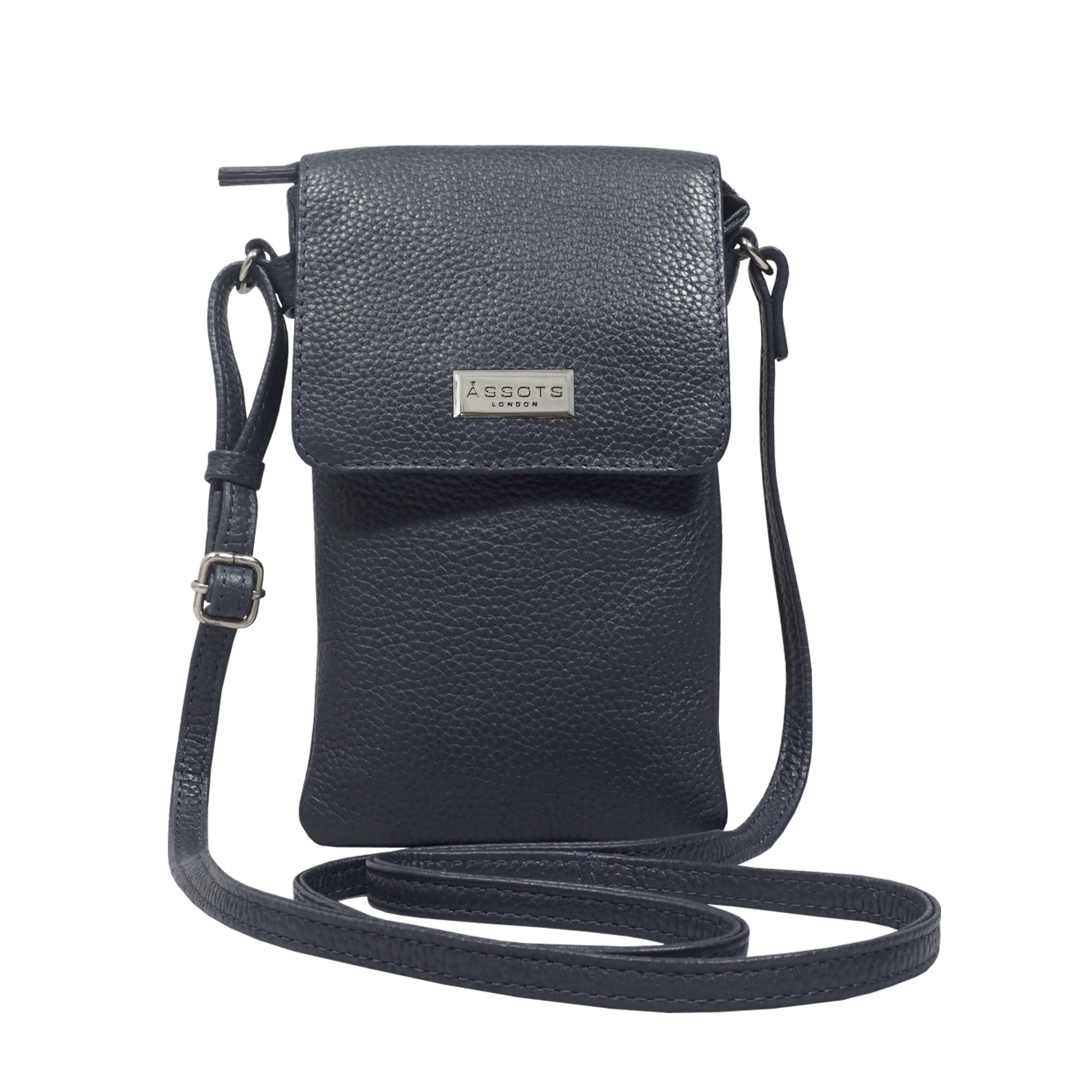 'MARIA' Navy Pebble Grain Real Leather Crossbody Phone Bag
