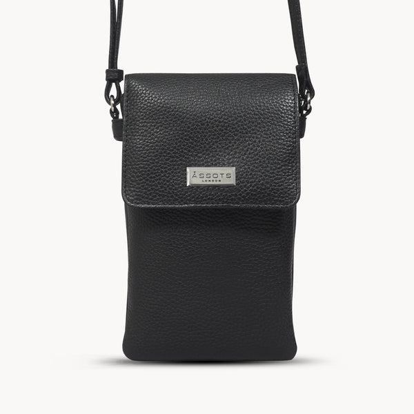 'MARIA' Black Pebble Grain Real Leather Crossbody Phone Bag