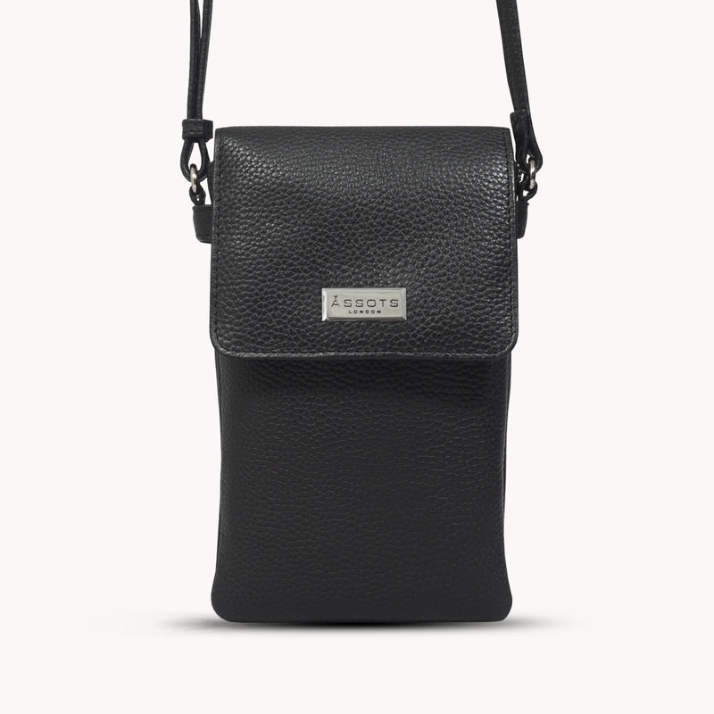 'MARIA' Black Pebble Grain Real Leather Crossbody Phone Bag