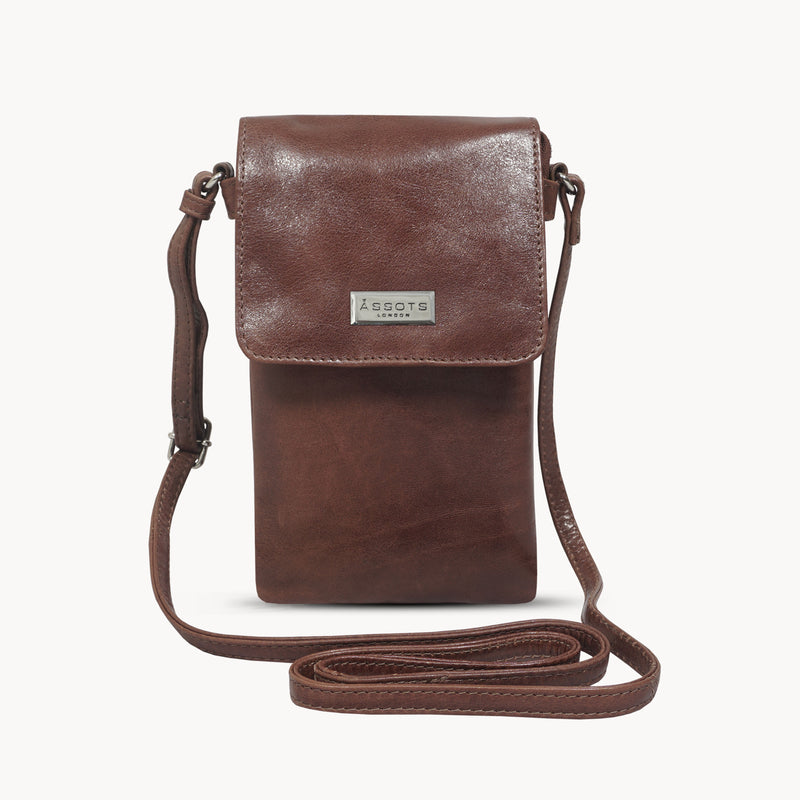 'MARIA' Cognac Vintage Real Leather Crossbody Phone Bag
