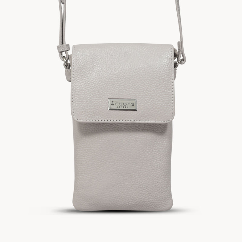'MARIA' Nudish Ice Grey Pebble Grain Real Leather Crossbody Phone Bag