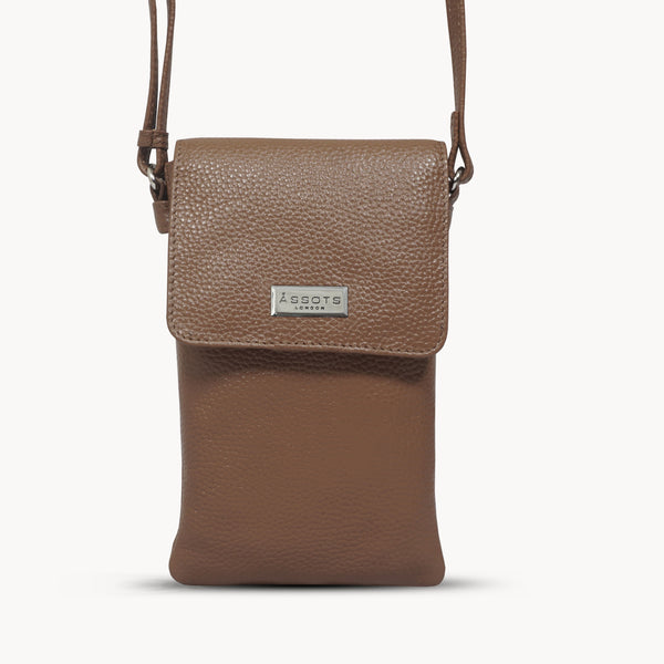 'MARIA' Tan Pebble Grain Real Leather Crossbody Phone Bag