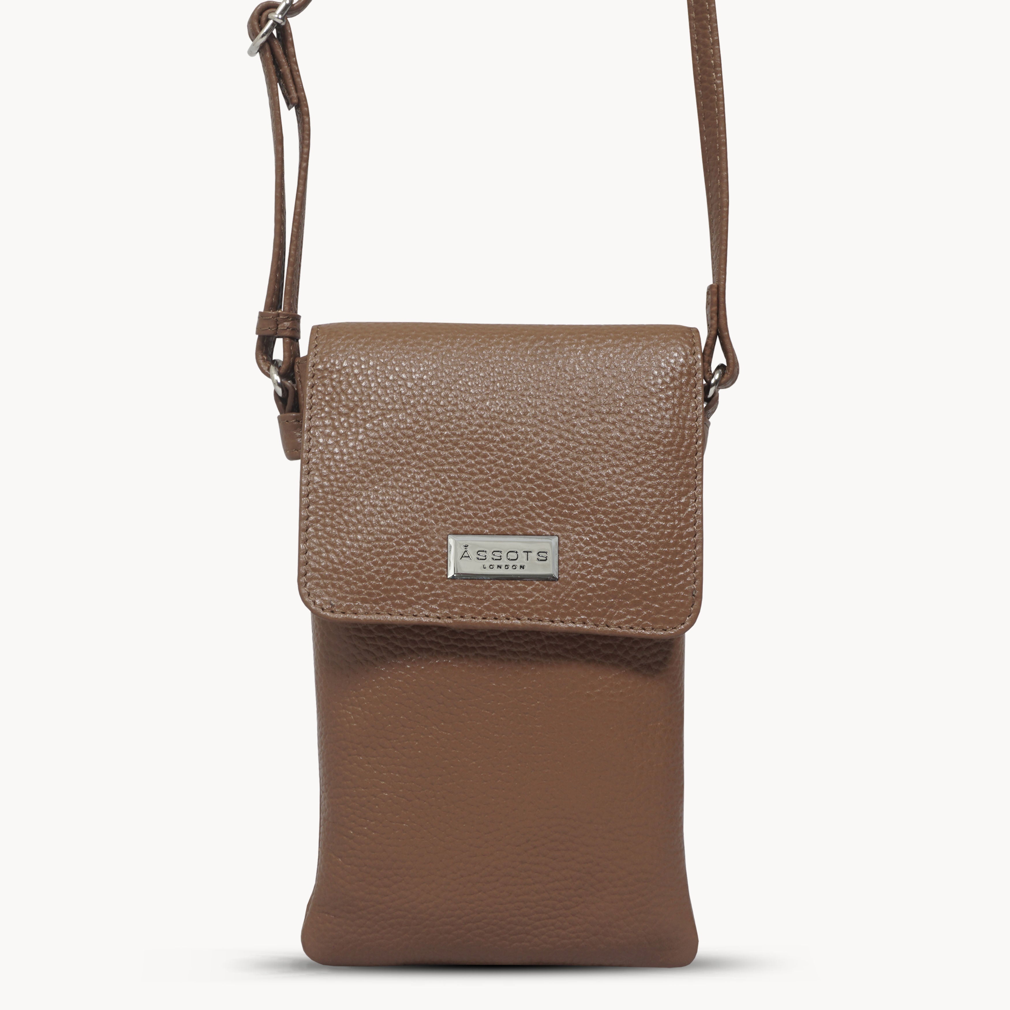 'MARIA' Tan Pebble Grain Real Leather Crossbody Phone Bag