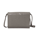 'MATILDA' Ice Grey Croc Designer Leather Organiser Flap Over Crossbody Bag
