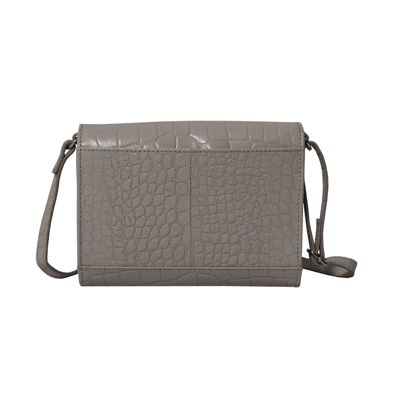 'MATILDA' Ice Grey Croc Designer Leather Organiser Flap Over Crossbody Bag