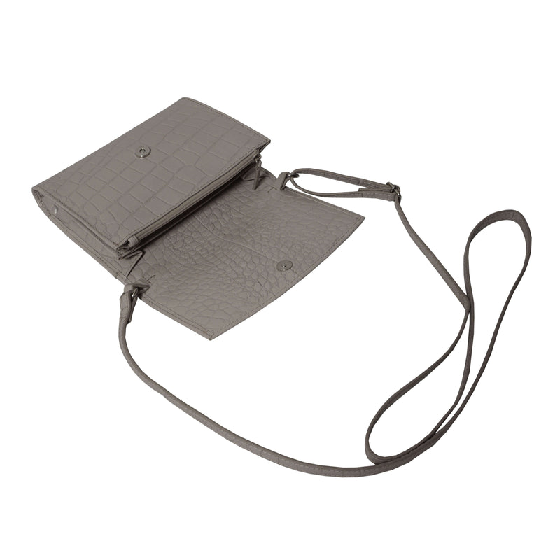 'MATILDA' Ice Grey Croc Designer Leather Organiser Flap Over Crossbody Bag