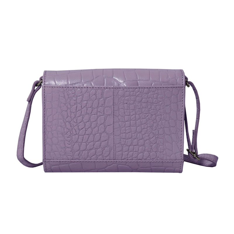 'MATILDA' Lilac Croc Designer Leather Organiser Flap Over Crossbody Bag
